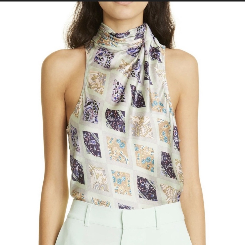 cinq a sept Cream Paisley Print Halter Top with Lavender and Tan Accents